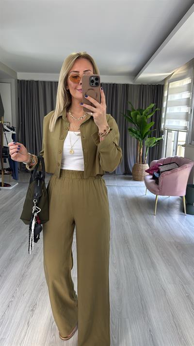 Tencel Gömlek ve Beli Lastikli Pantolon Çağla Modal Takım