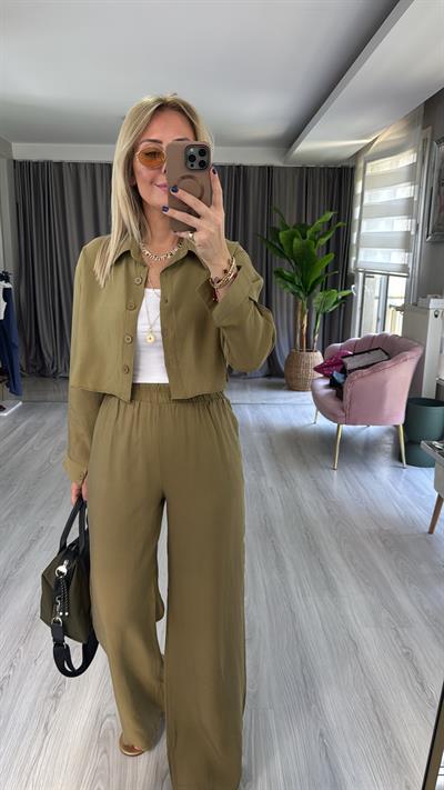 Tencel Gömlek ve Beli Lastikli Pantolon Çağla Modal Takım