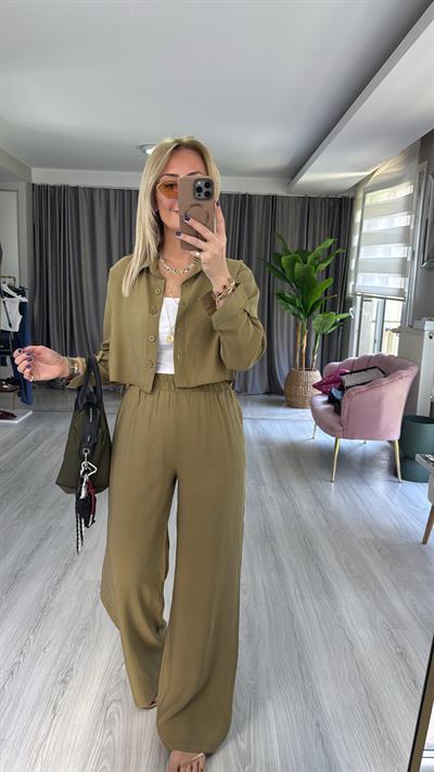Tencel Gömlek ve Beli Lastikli Pantolon Çağla Modal Takım