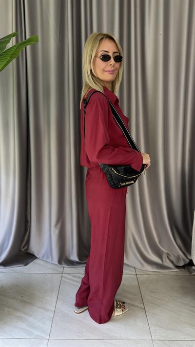 Tencel Gömlek ve Beli Lastikli Pantolon Bordo Modal Takım