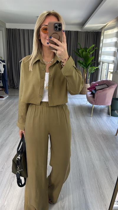 Tencel Gömlek ve Beli Lastikli Pantolon Çağla Modal Takım