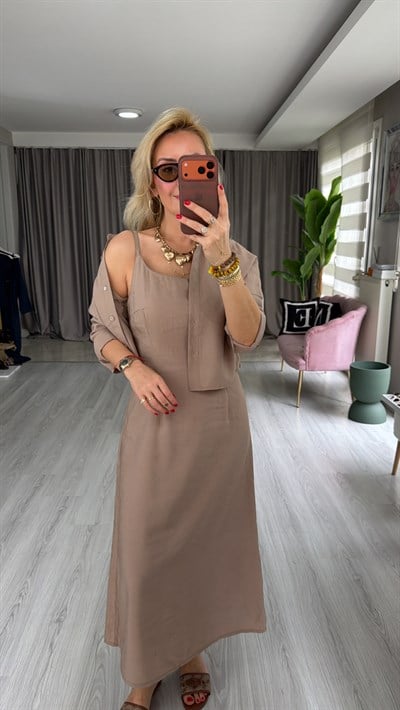 Tencel Gömlek ve Elbise Bej Modal Takım