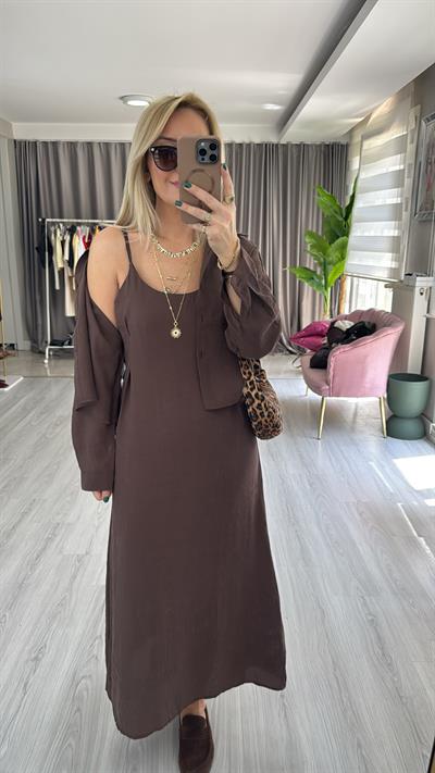 Tencel Gömlek ve Elbise Kahverengi Modal Takım