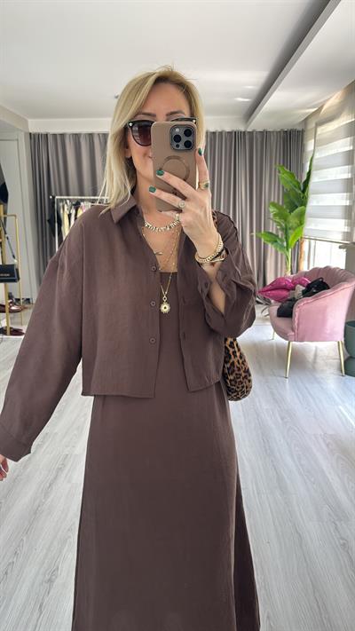 Tencel Gömlek ve Elbise Kahverengi Modal Takım