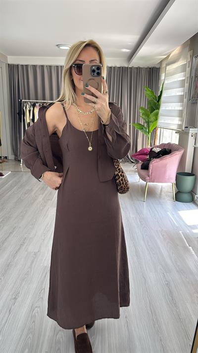 Tencel Gömlek ve Elbise Kahverengi Modal Takım