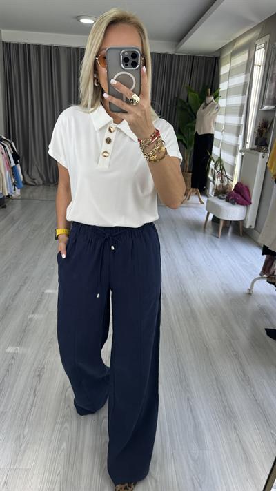 TENCEL, İP BAĞCIKLI LACİVERT PALAZZO PANTOLON