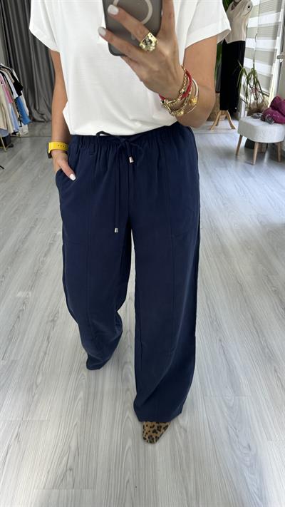 TENCEL, İP BAĞCIKLI LACİVERT PALAZZO PANTOLON
