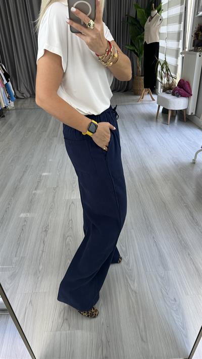TENCEL, İP BAĞCIKLI LACİVERT PALAZZO PANTOLON