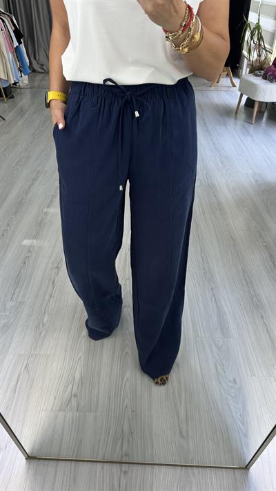 TENCEL, İP BAĞCIKLI LACİVERT PALAZZO PANTOLON