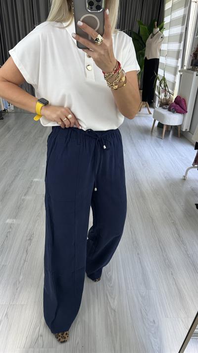 TENCEL, İP BAĞCIKLI LACİVERT PALAZZO PANTOLON