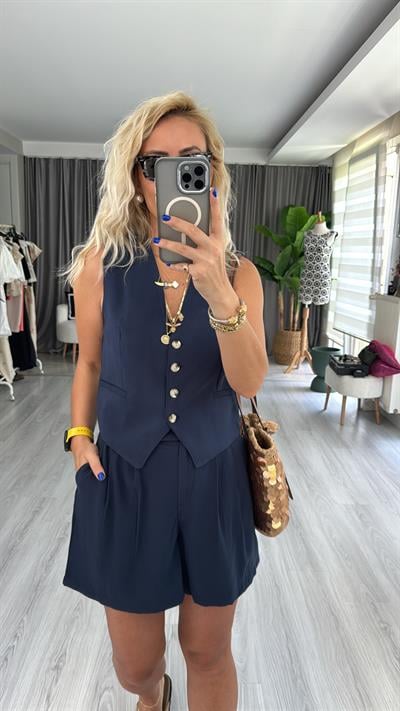 TENCEL KUMAŞ LACİVERT YELEKLİ TAKIM