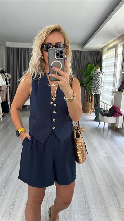 TENCEL KUMAŞ LACİVERT YELEKLİ TAKIM