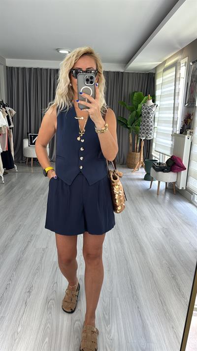 TENCEL KUMAŞ LACİVERT YELEKLİ TAKIM