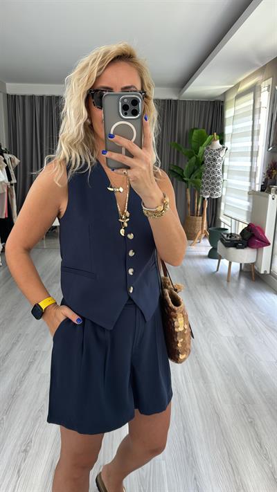 TENCEL KUMAŞ LACİVERT YELEKLİ TAKIM