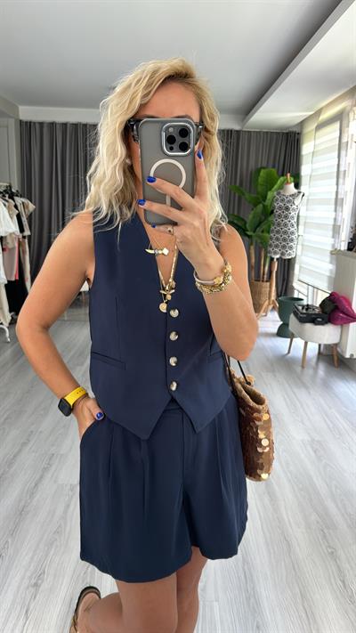 TENCEL KUMAŞ LACİVERT YELEKLİ TAKIM