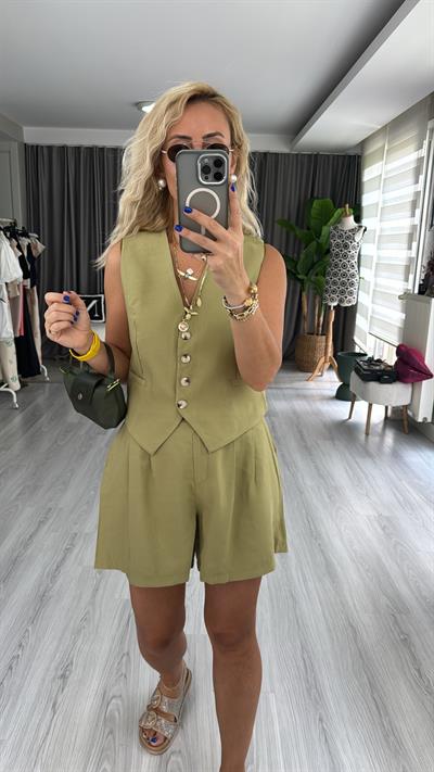 TENCEL KUMAŞ YEŞİL YELEKLİ TAKIM