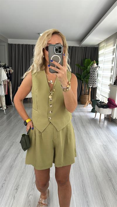 TENCEL KUMAŞ YEŞİL YELEKLİ TAKIM