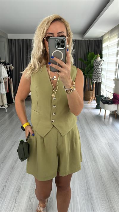 TENCEL KUMAŞ YEŞİL YELEKLİ TAKIM