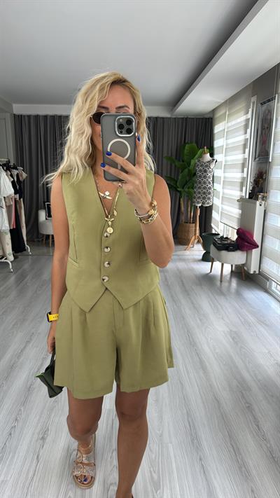 TENCEL KUMAŞ YEŞİL YELEKLİ TAKIM