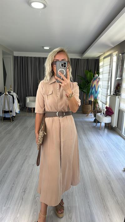 TENCEL MODAL KUMAŞ KEMERLİ BEJ GÖMLEK ELBİSE
