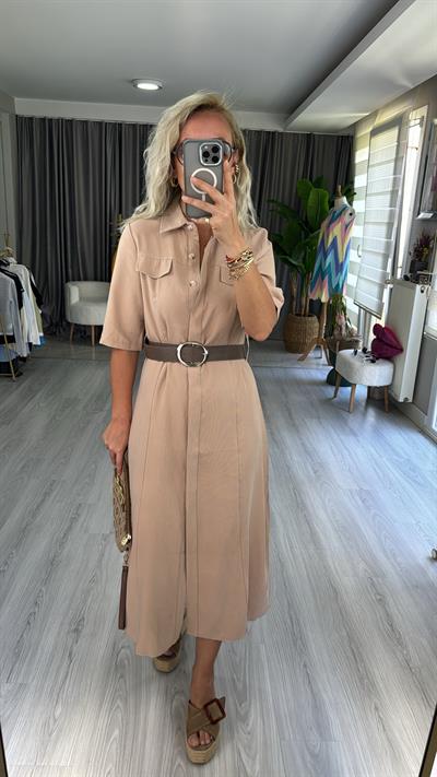 TENCEL MODAL KUMAŞ KEMERLİ BEJ GÖMLEK ELBİSE