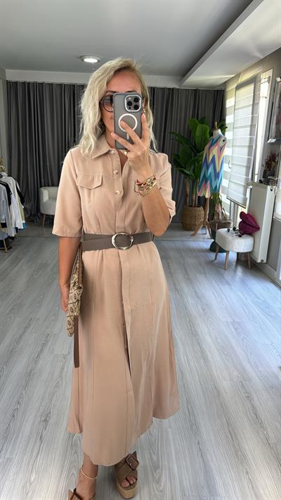 TENCEL MODAL KUMAŞ KEMERLİ BEJ GÖMLEK ELBİSE