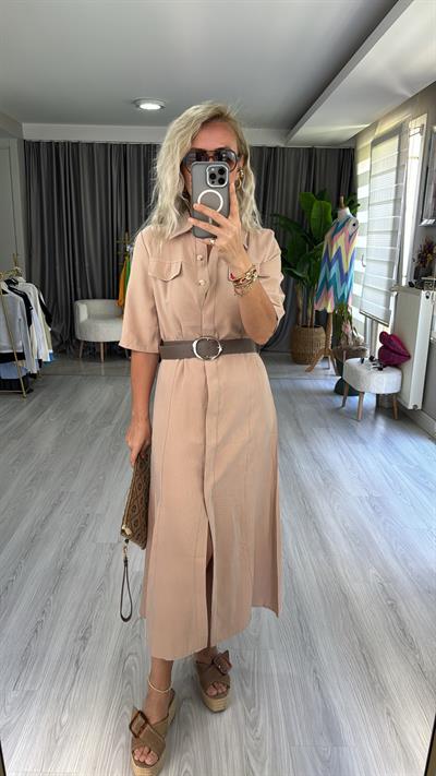 TENCEL MODAL KUMAŞ KEMERLİ BEJ GÖMLEK ELBİSE