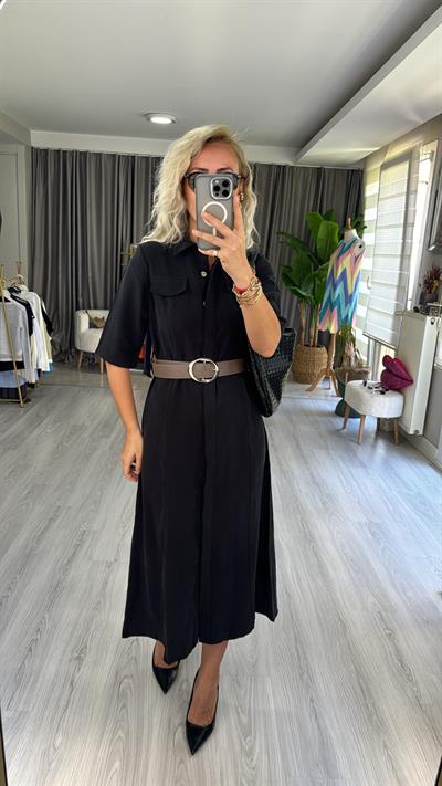 TENCEL MODAL KUMAŞ KEMERLİ SİYAH GÖMLEK ELBİSE