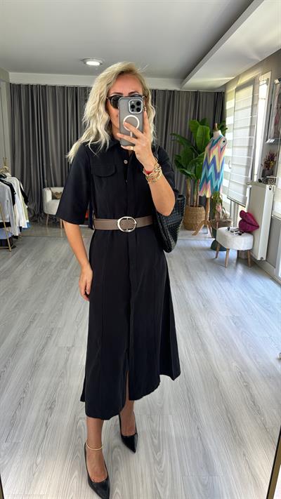 TENCEL MODAL KUMAŞ KEMERLİ SİYAH GÖMLEK ELBİSE