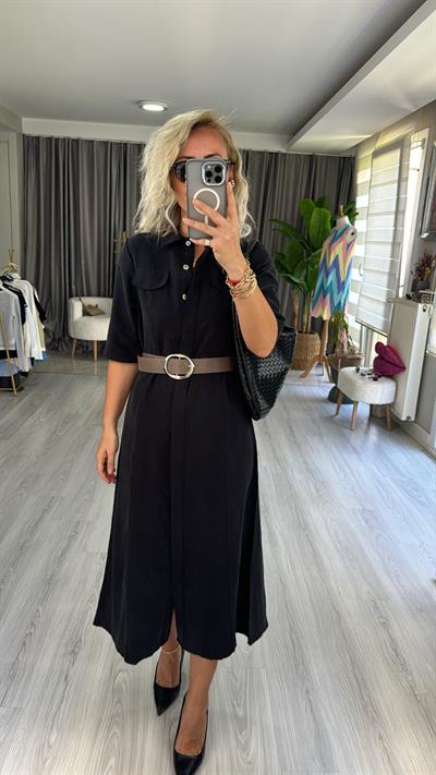 TENCEL MODAL KUMAŞ KEMERLİ SİYAH GÖMLEK ELBİSE
