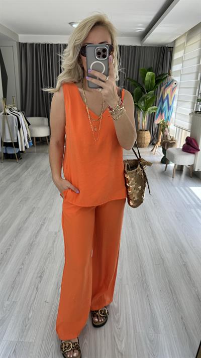 TENSEL DOKUDA İKİLİ TURUNCU TİRİL TAKIM