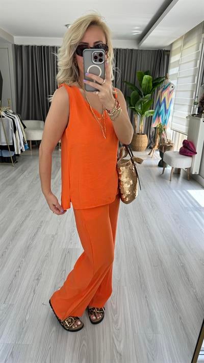 TENSEL DOKUDA İKİLİ TURUNCU TİRİL TAKIM