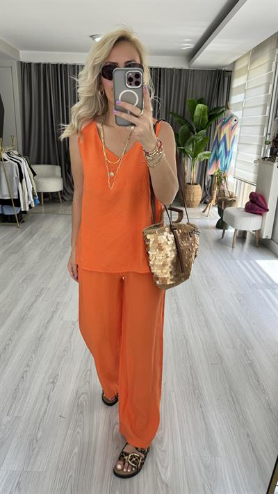 TENSEL DOKUDA İKİLİ TURUNCU TİRİL TAKIM