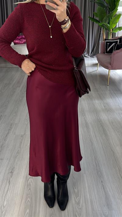 Tok Doku Beli Gizli Lastikli Bordo Saten Etek