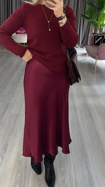 Tok Doku Beli Gizli Lastikli Bordo Saten Etek