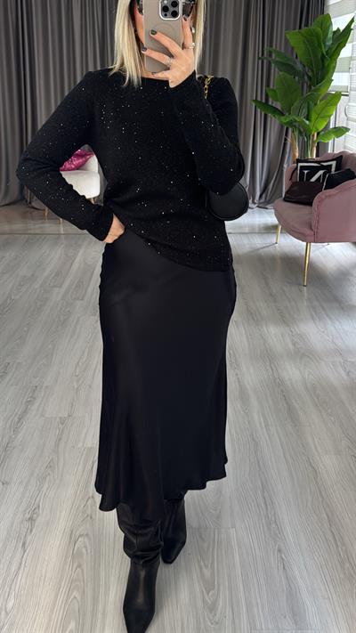 Tok Doku Beli Gizli Lastikli Siyah Saten Etek