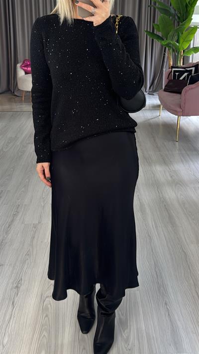 Tok Doku Beli Gizli Lastikli Siyah Saten Etek