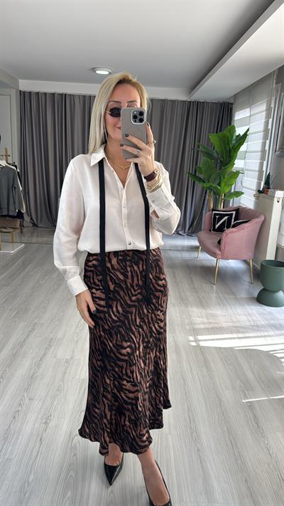 Tok Doku Zebra Desen Kahve Saten Etek