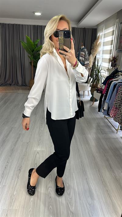 TOK DOKULU BEYAZ SATEN GÖMLEK