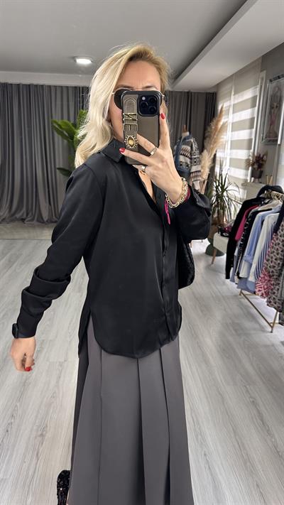 TOK DOKULU SİYAH SATEN GÖMLEK