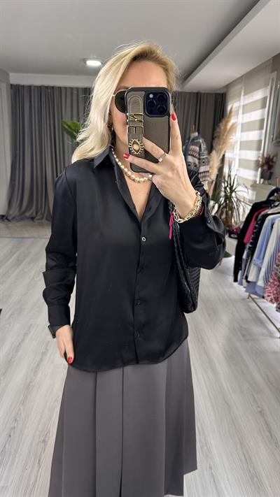 TOK DOKULU SİYAH SATEN GÖMLEK