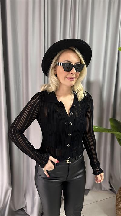 TRANSPARAN POLO YAKA DÜĞMELİ SİYAH HIRKA