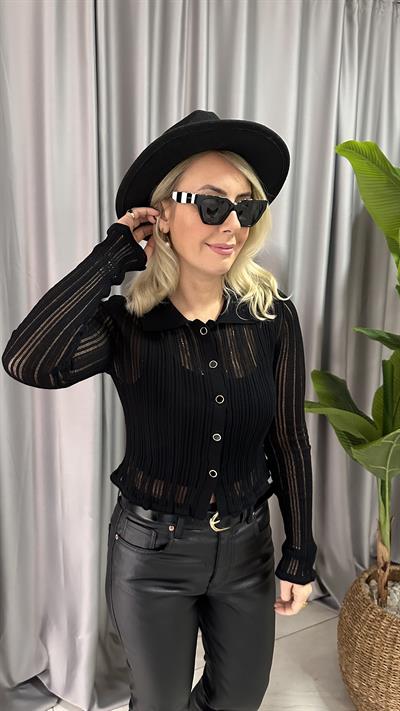 TRANSPARAN POLO YAKA DÜĞMELİ SİYAH HIRKA