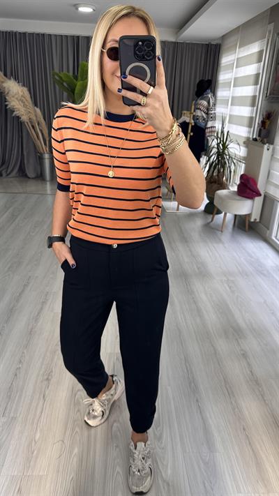 TURUNCU LACİVERT ÇİZGİLİ MERSERİZE TRİKO