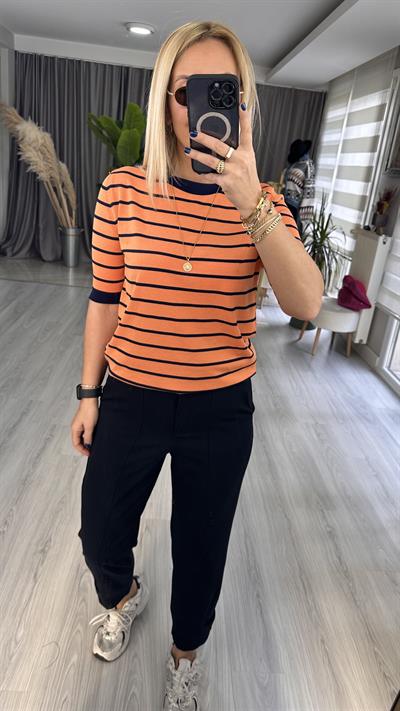 TURUNCU LACİVERT ÇİZGİLİ MERSERİZE TRİKO