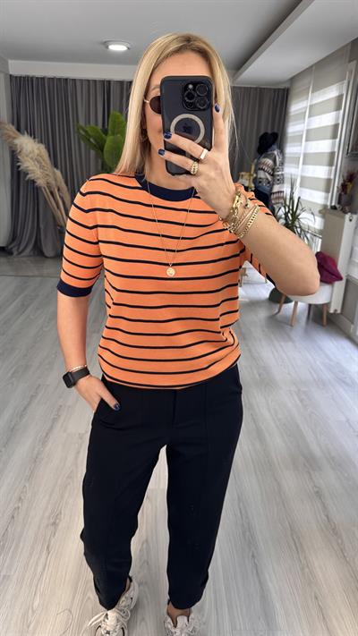 TURUNCU LACİVERT ÇİZGİLİ MERSERİZE TRİKO