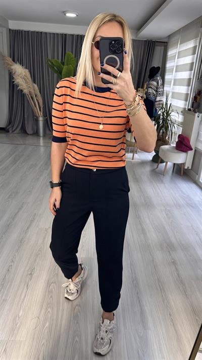 TURUNCU LACİVERT ÇİZGİLİ MERSERİZE TRİKO