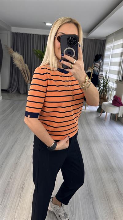TURUNCU LACİVERT ÇİZGİLİ MERSERİZE TRİKO