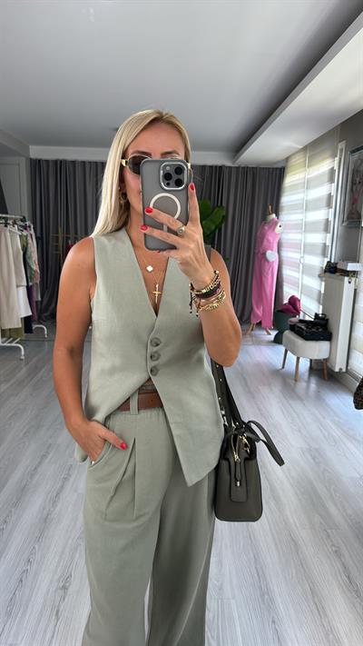 ÜÇ DÜĞMELİ, ASTARLI HAKİ KETEN YELEK