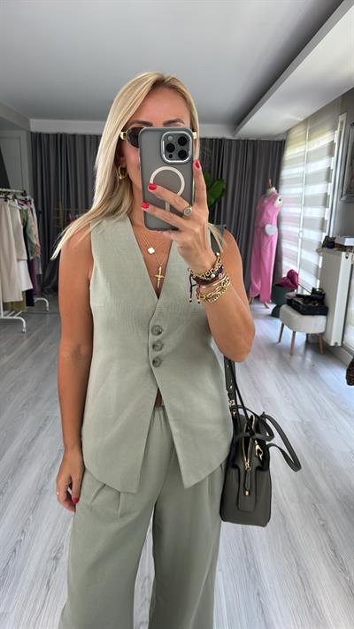 ÜÇ DÜĞMELİ, ASTARLI HAKİ KETEN YELEK